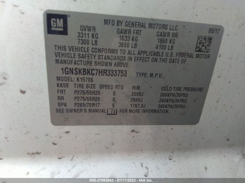 2017 CHEVROLET TAHOE LT - 1GNSKBKC7HR333753