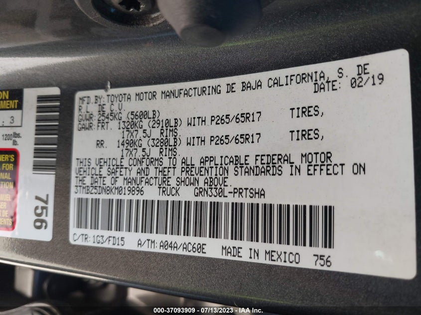 VIN 3TMBZ5DN8KM019896 2019 TOYOTA TACOMA 2WD SR5/TRD SPORT