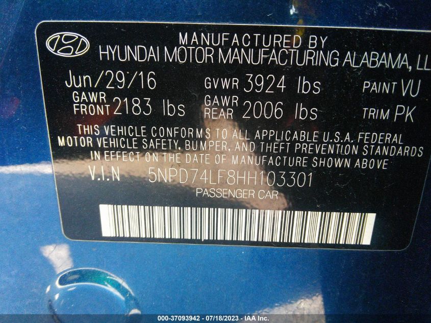 2017 HYUNDAI ELANTRA SE - 5NPD74LF8HH103301