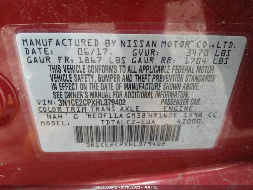 2017 NISSAN VERSA NOTE S/S PLUS/SV/SL/SR - 3N1CE2CPXHL379402