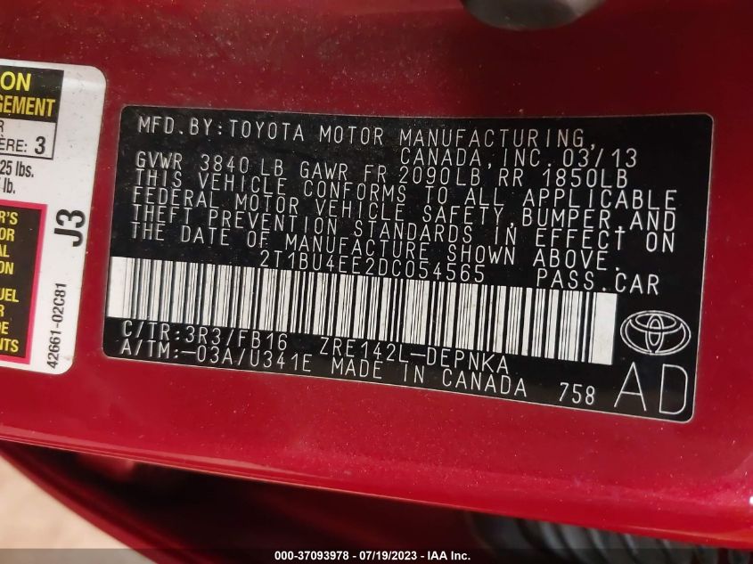 2013 TOYOTA COROLLA L/LE/S - 2T1BU4EE2DC054565