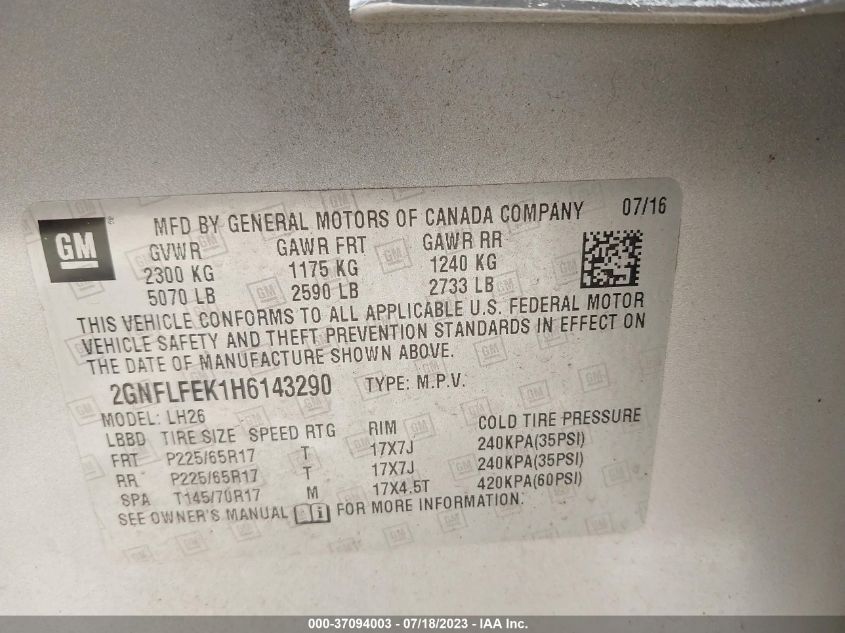 2017 CHEVROLET EQUINOX LT - 2GNFLFEK1H6143290