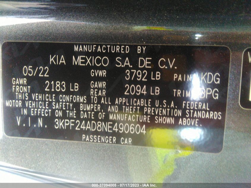 2022 KIA FORTE LXS - 3KPF24AD8NE490604