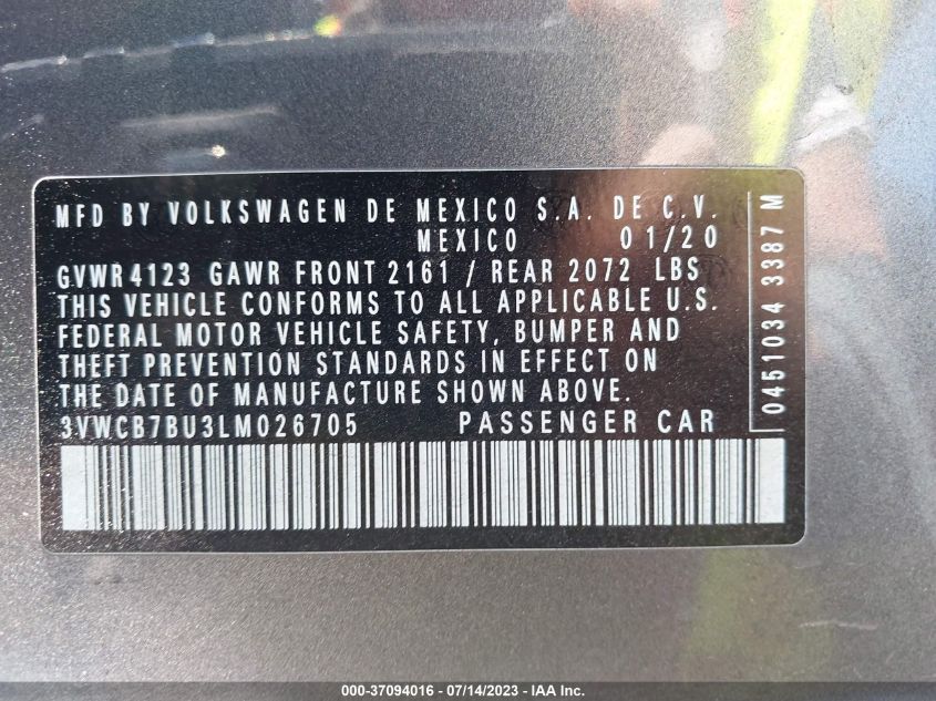 2020 VOLKSWAGEN JETTA S/SE/R-LINE - 3VWCB7BU3LM026705