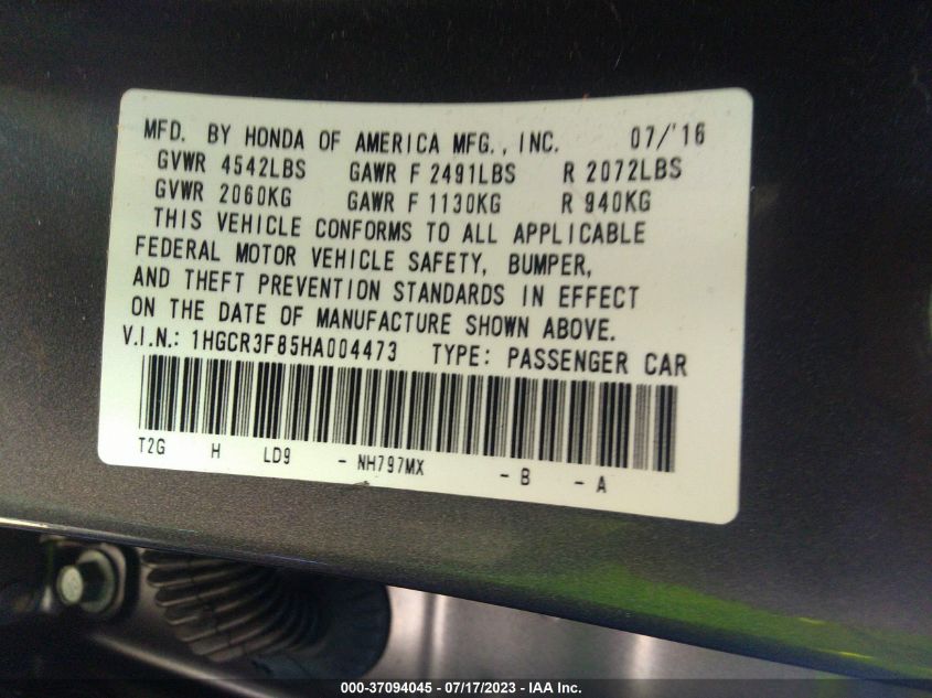 2017 HONDA ACCORD SEDAN EX-L V6 - 1HGCR3F85HA004473