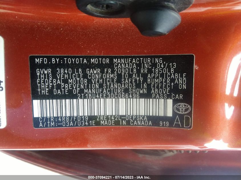 2013 TOYOTA COROLLA L/LE/S - 2T1BU4EE3DC066496