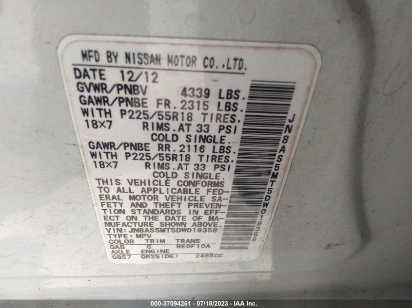 2013 NISSAN ROGUE SL - JN8AS5MT5DW019358