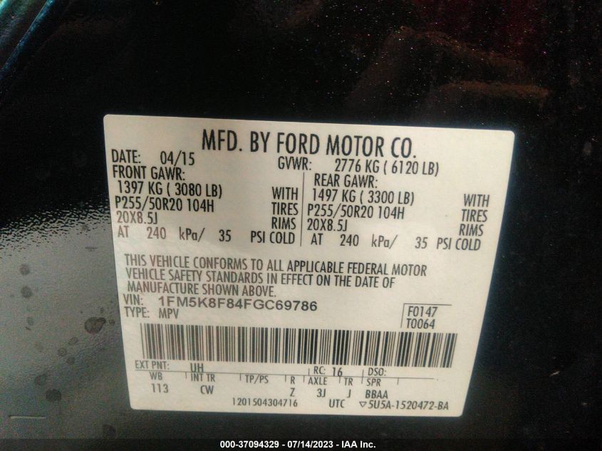 2015 FORD EXPLORER LIMITED - 1FM5K8F84FGC69786