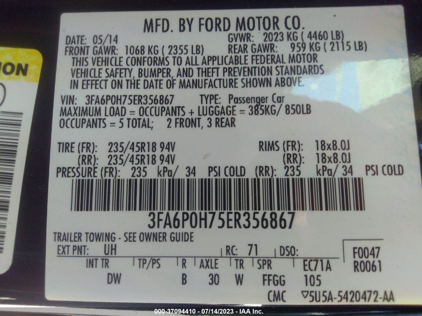 2014 FORD FUSION SE - 3FA6P0H75ER356867