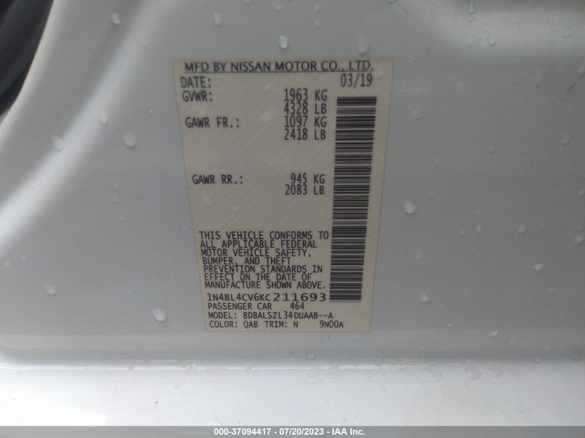 2019 NISSAN ALTIMA 2.5 SR - 1N4BL4CV6KC211693