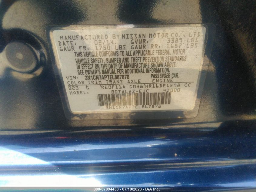 2014 NISSAN VERSA S PLUS - 3N1CN7AP7EL867878