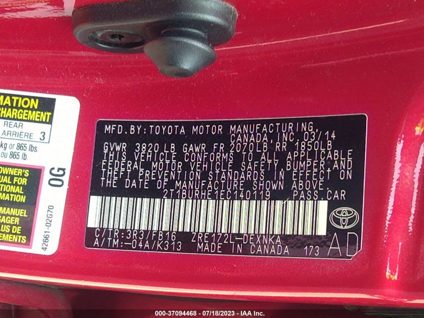 2014 TOYOTA COROLLA L/LE/LE PLS/PRM/S/S PLS - 2T1BURHE1EC140119
