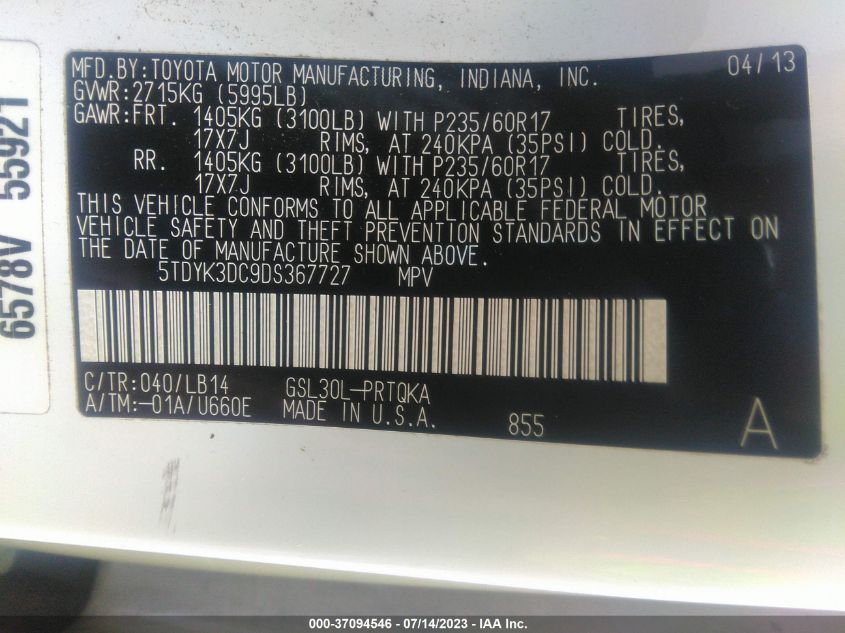 2013 TOYOTA SIENNA XLE AAS/XLE/LTD - 5TDYK3DC9DS367727