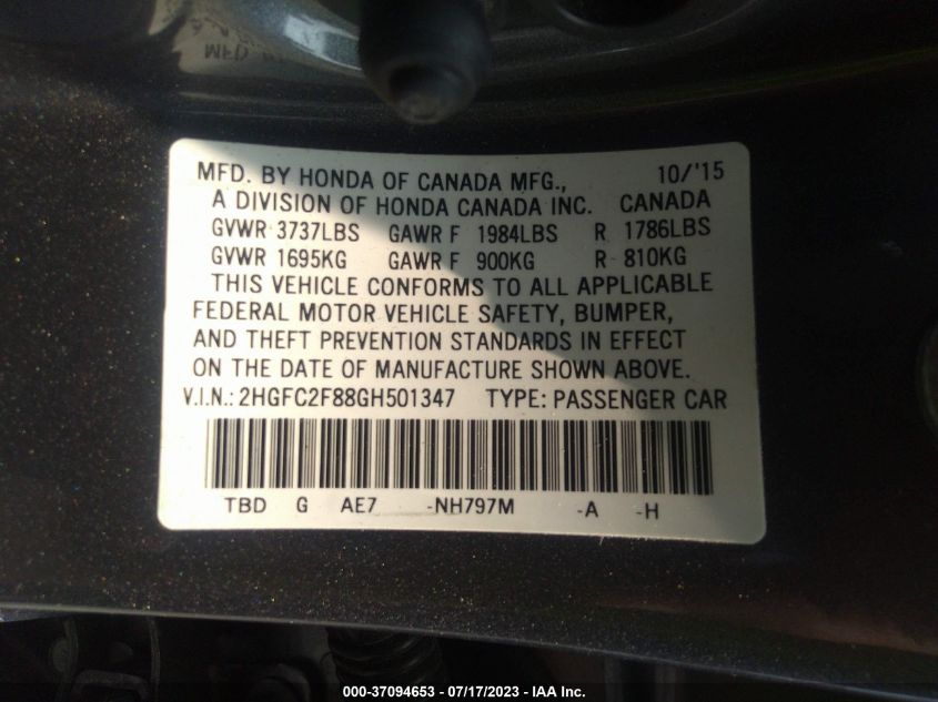 2016 HONDA CIVIC SEDAN EX - 2HGFC2F88GH501347