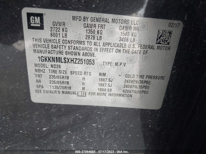 2017 GMC ACADIA SLT - 1GKKNMLSXHZ251053