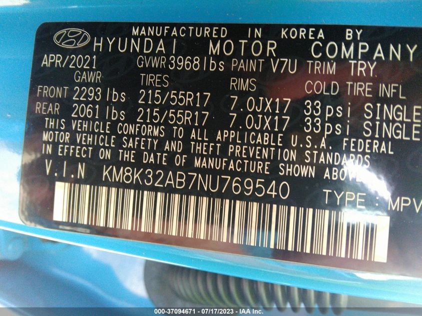 2022 HYUNDAI KONA SEL - KM8K32AB7NU769540