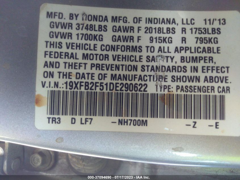 2013 HONDA CIVIC SDN LX - 19XFB2F51DE290622
