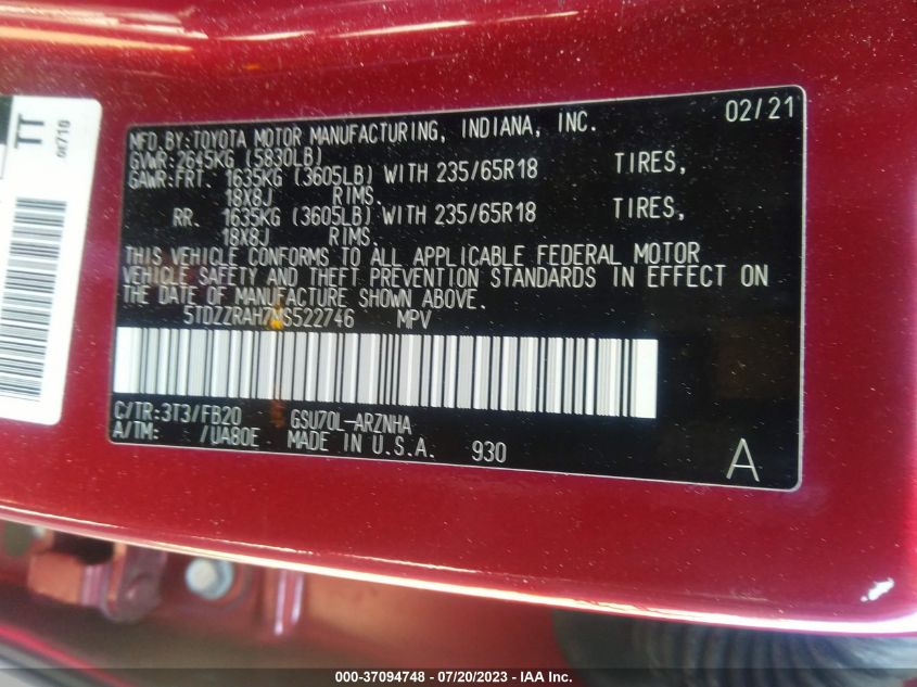 2021 TOYOTA HIGHLANDER L/LE - 5TDZZRAH7MS522746