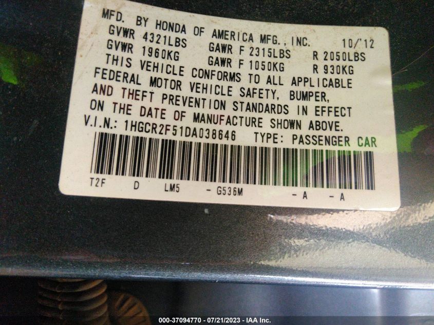 2013 HONDA ACCORD SDN SPORT - 1HGCR2F51DA038646