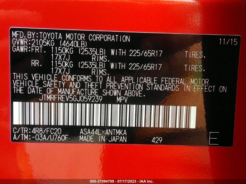 2016 TOYOTA RAV4 XLE - JTMRFREV5GJ059239