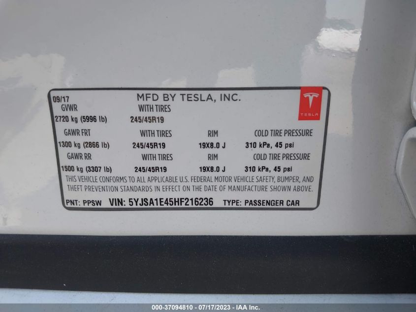 2017 TESLA MODEL S 100D - 5YJSA1E45HF216236