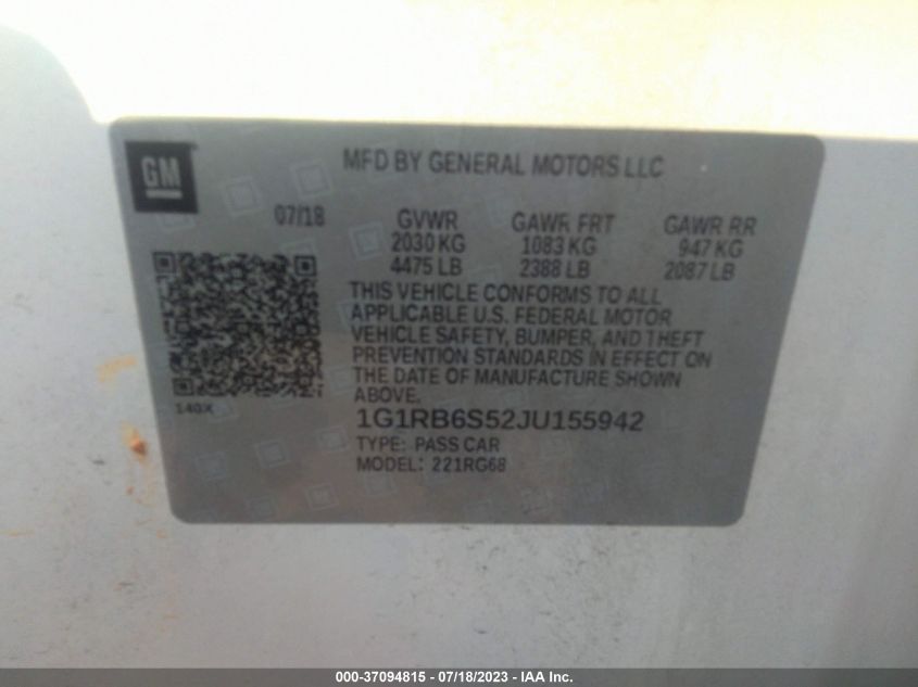 2018 CHEVROLET VOLT PREMIER - 1G1RB6S52JU155942