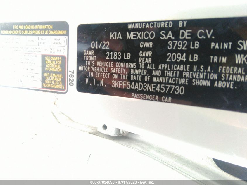 2022 KIA FORTE GT-LINE - 3KPF54AD3NE457730