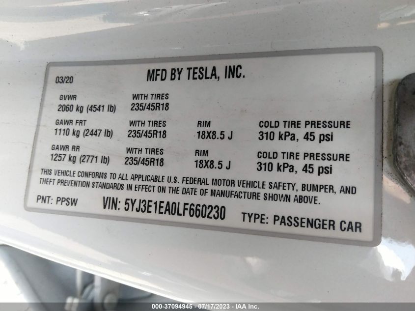 2020 TESLA MODEL 3 STANDARD RANGE - 5YJ3E1EA0LF660230