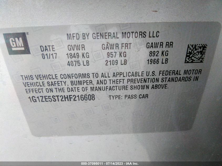 2017 CHEVROLET MALIBU LT - 1G1ZE5ST2HF216608