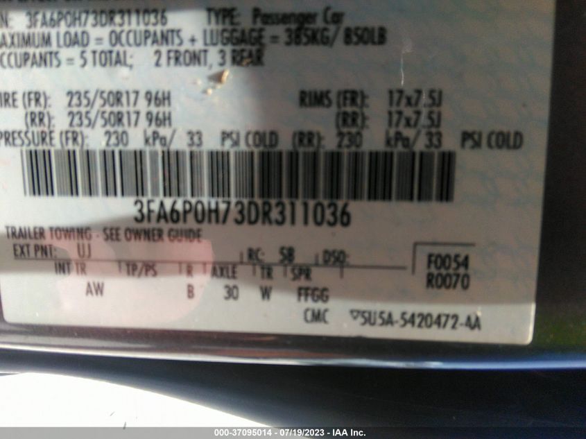 2013 FORD FUSION S 3FA6POH73DR311036