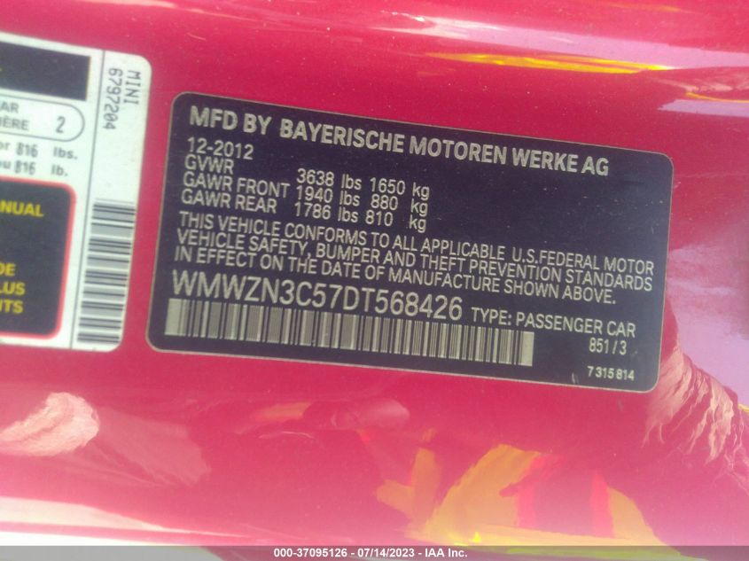 2013 MINI COOPER CONVERTIBLE WMWZN3C57DT568426