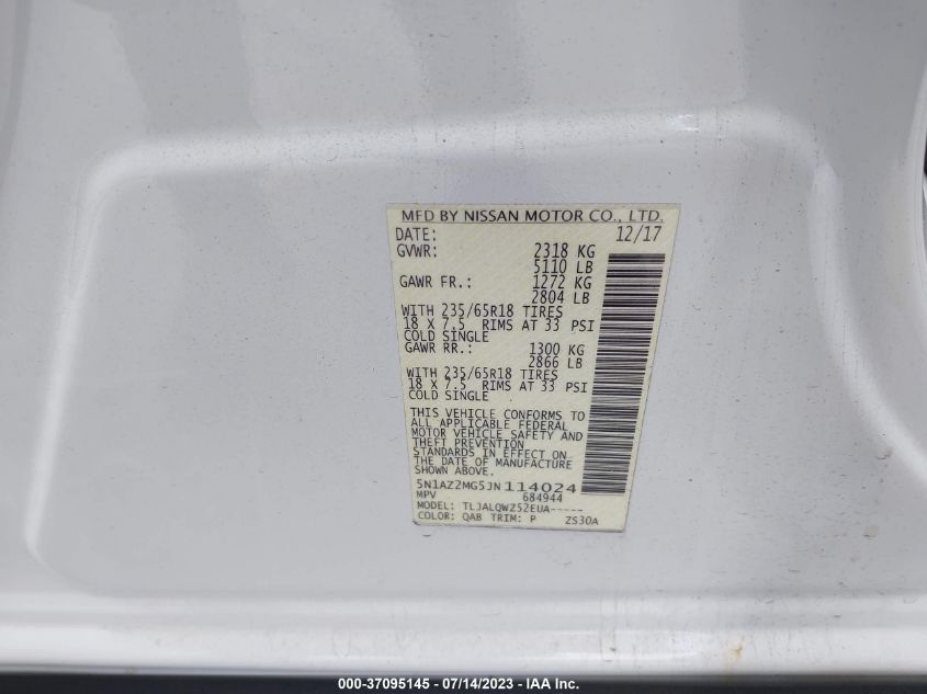 2018 NISSAN MURANO S/SL/SV/PLATINUM - 5N1AZ2MG5JN114024