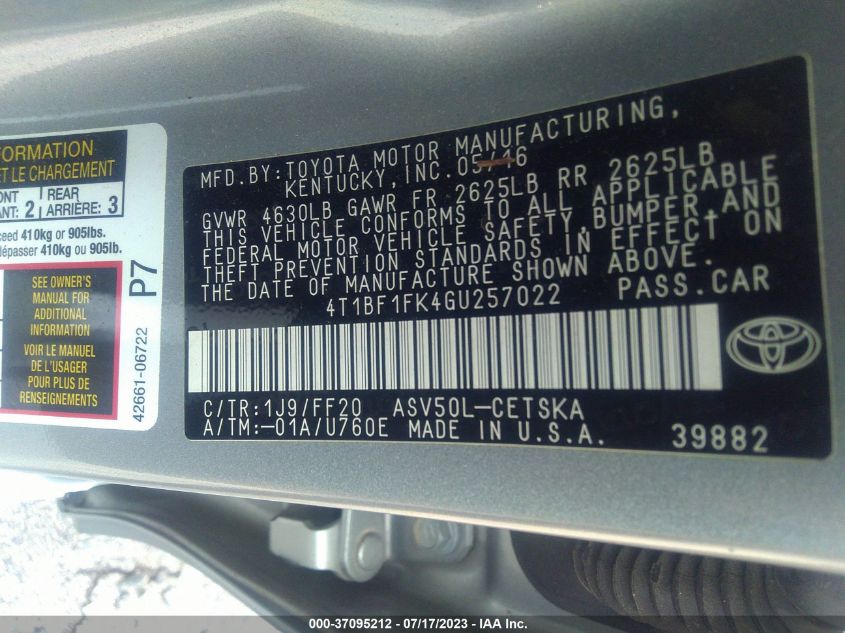 2016 TOYOTA CAMRY XLE/SE/LE/XSE - 4T1BF1FK4GU257022