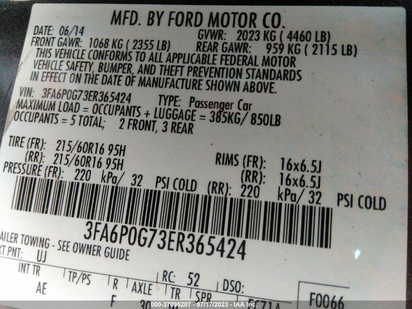 2014 FORD FUSION S - 3FA6P0G73ER365424