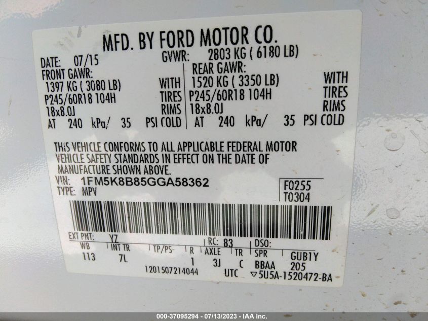 2016 FORD EXPLORER BASE - 1FM5K8B85GGA58362