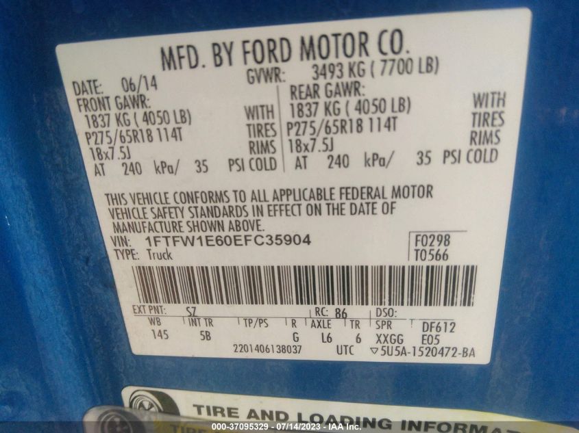 2014 FORD F-150 XLT/FX4/LARIAT/PLATINUM - 1FTFW1E60EFC35904