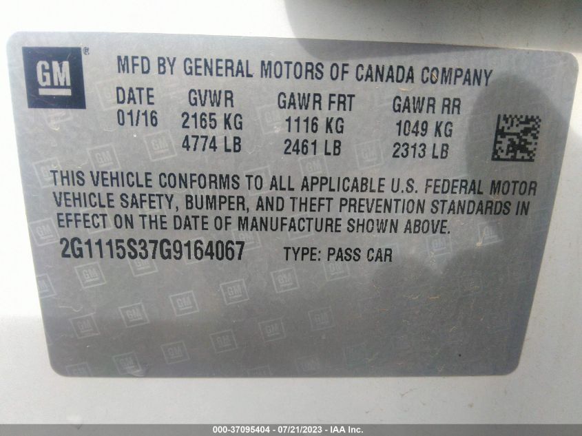2016 CHEVROLET IMPALA LT - 2G1115S37G9164067