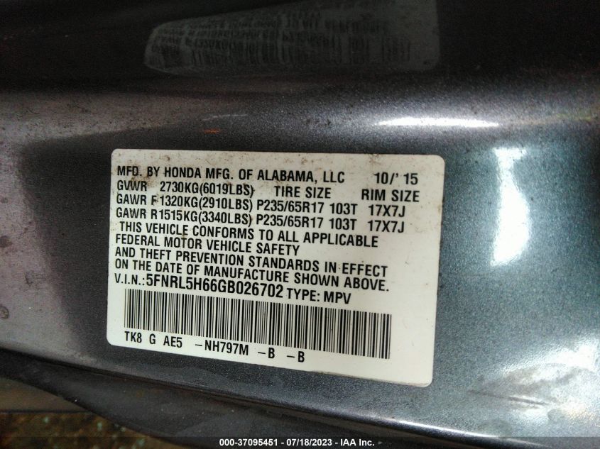 2016 HONDA ODYSSEY EXL - 5FNRL5H66GB026702
