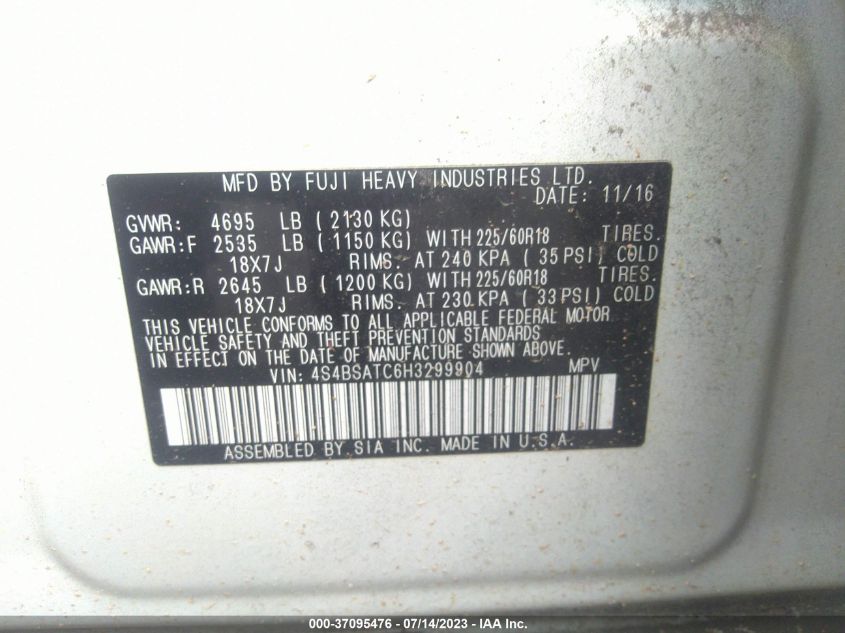 2017 SUBARU OUTBACK TOURING - 4S4BSATC6H3299904