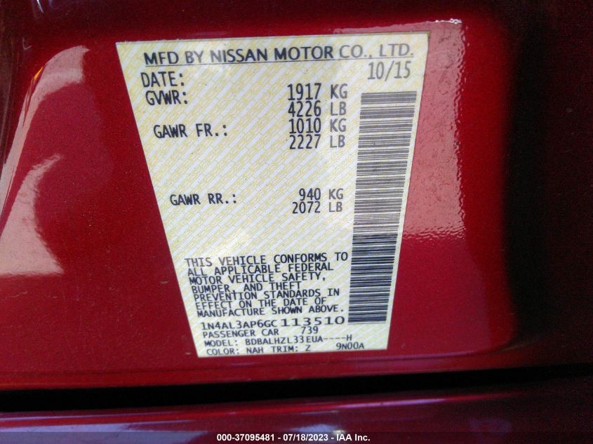 2016 NISSAN ALTIMA 2.5 SR - 1N4AL3AP6GC113510