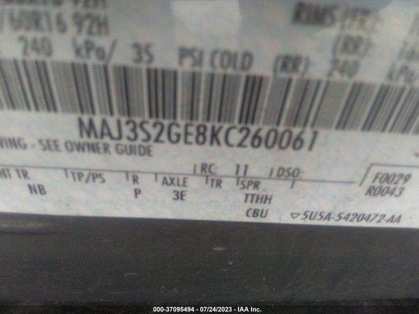 VIN MAJ3S2GE8KC260061 2019 FORD ECOSPORT SE