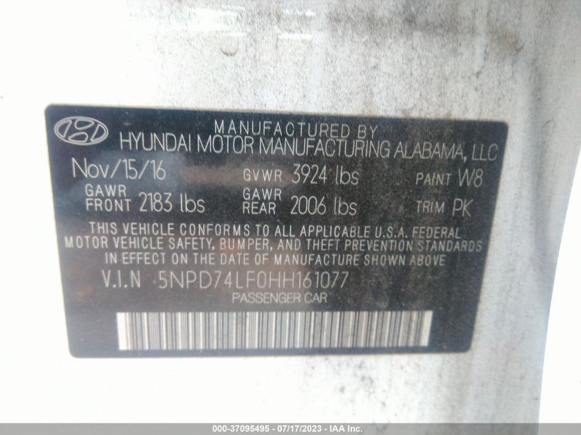 2017 HYUNDAI ELANTRA SE - 5NPD74LF0HH161077