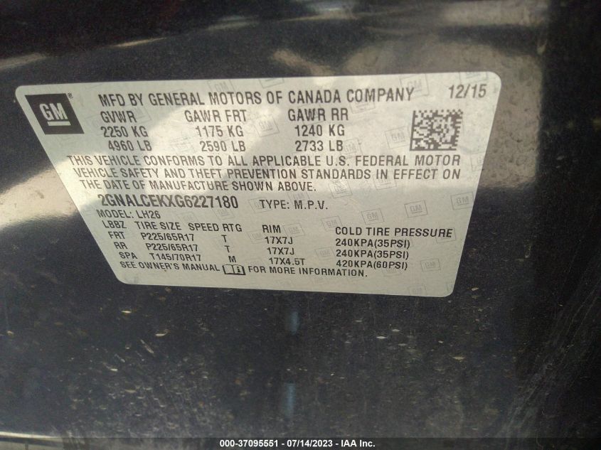 2016 CHEVROLET EQUINOX LT - 2GNALCEKXG6227180