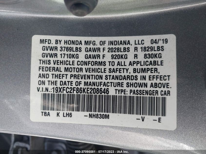 2019 HONDA CIVIC SEDAN SPORT - 19XFC2F86KE208646