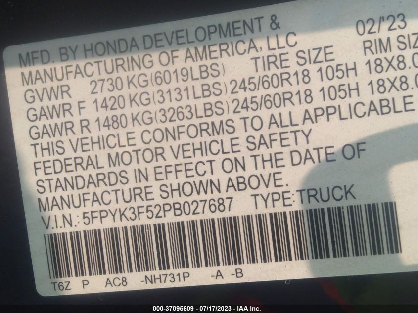 2023 HONDA RIDGELINE RTL - 5FPYK3F52PB027687