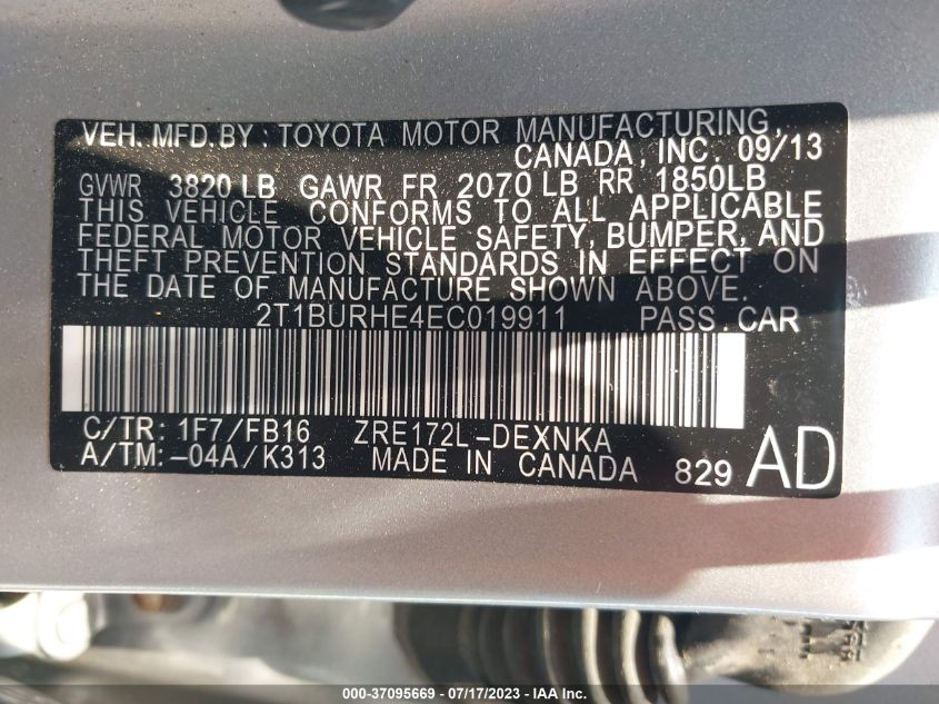 2014 TOYOTA COROLLA L/LE/S/S PLUS/LE PLUS - 2T1BURHE4EC019911