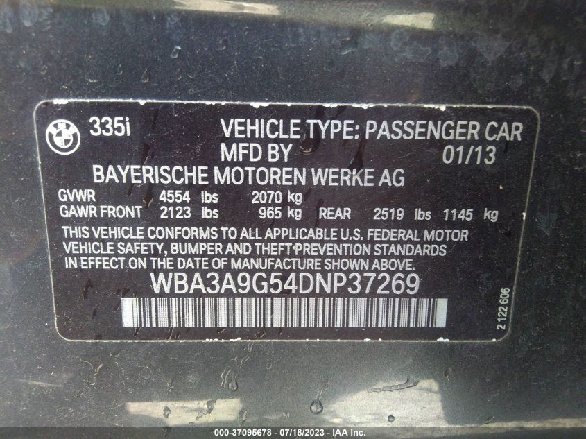 2013 BMW 3 SERIES 335I - WBA3A9G54DNP37269