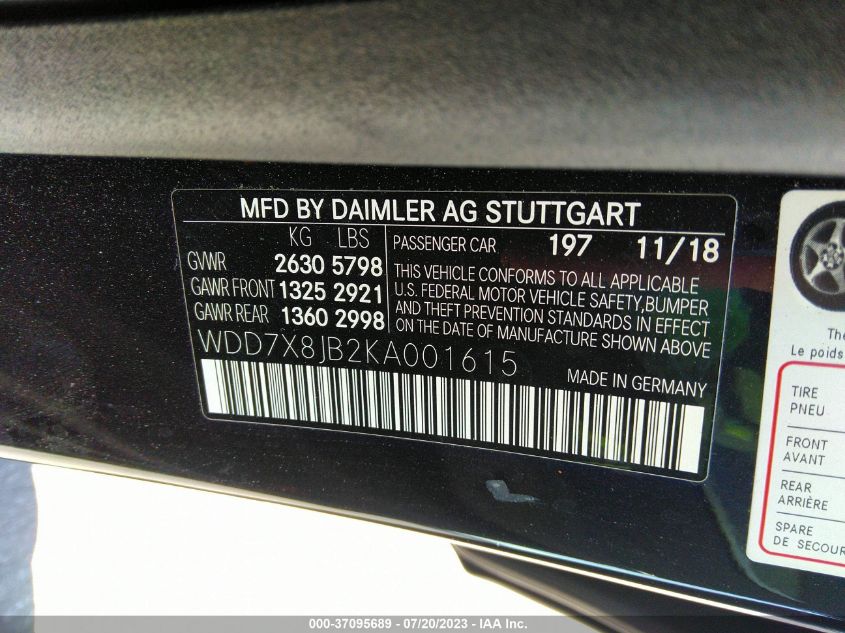 2019 MERCEDES-BENZ AMG GT AMG GT 63 WDD7X8JB2KA001615