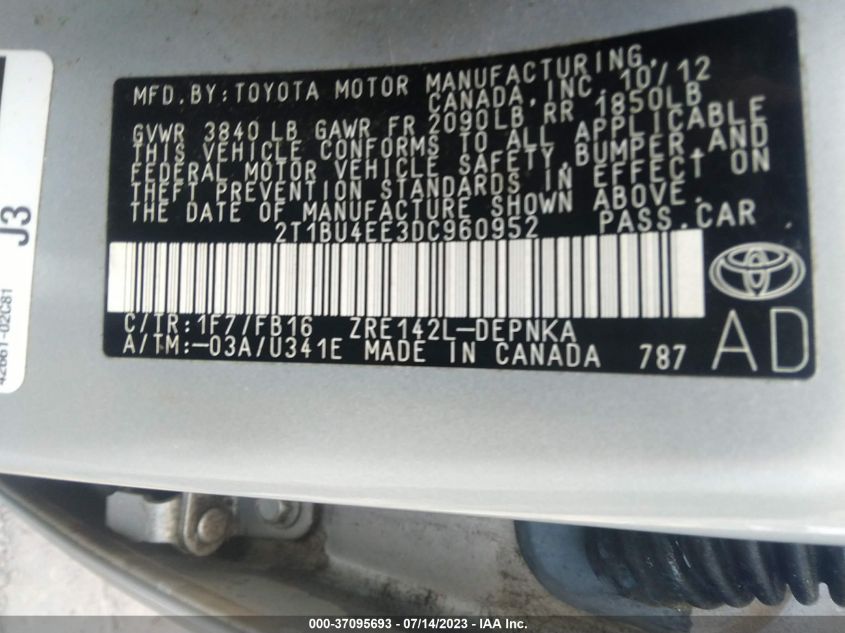 2013 TOYOTA COROLLA L/LE/S - 2T1BU4EE3DC960952