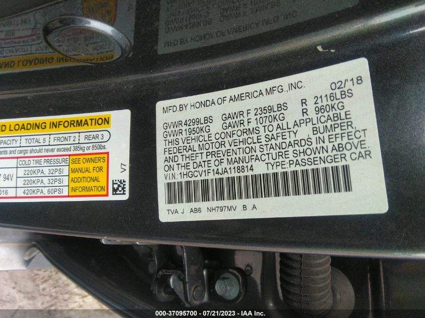 2018 HONDA ACCORD SEDAN LX 1.5T - 1HGCV1F14JA118814